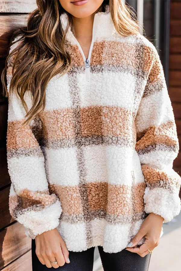 Casual Plaid Patchwork Zipper Mandarin Collar Tops - Panekey