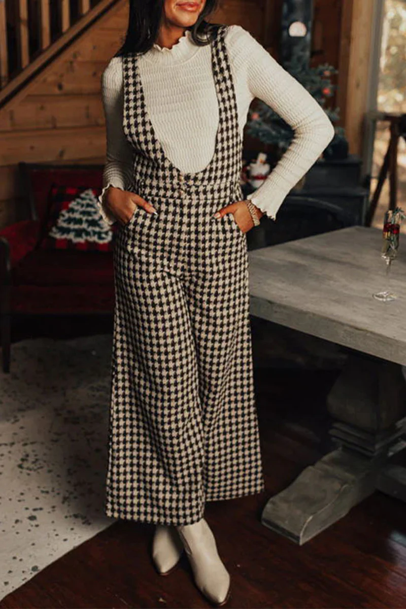 Casual Plaid Pocket U Neck Loose Jumpsuits - Panekey