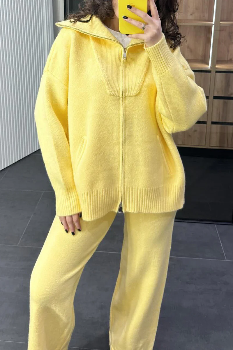 Casual Patchwork Zipper Turndown Collar Long Sleeve Two Pieces(7 Colors) - Panekey