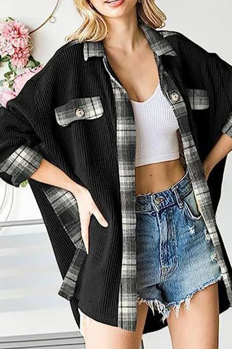 Casual Color Block Pocket Contrast Turndown Collar Tops - Panekey