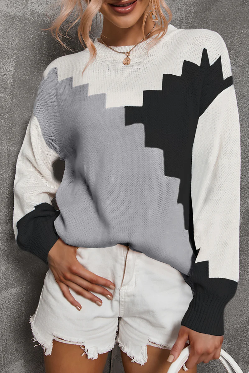 Casual Color Lump Contrast O Neck Tops Sweater - Panekey