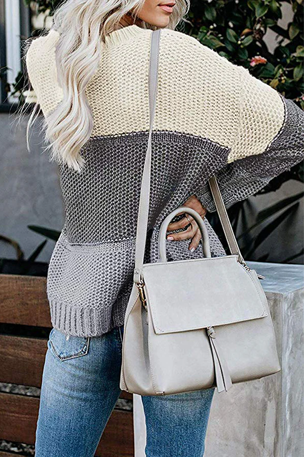 Casual Patchwork Basic  Contrast O Neck Tops Sweater - Panekey