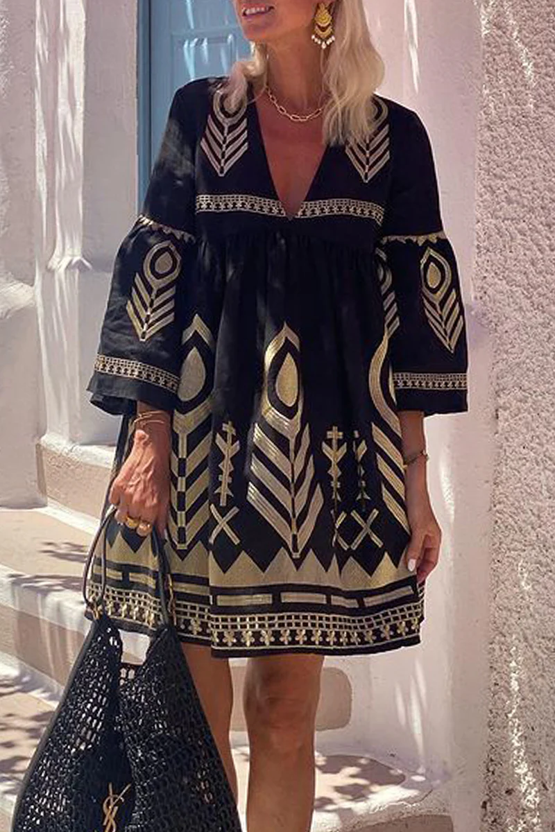 Casual Geometric Print V Neck A Line Dresses - Panekey