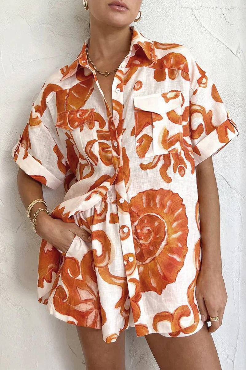 Casual Not Positioning Printed Pocket Turndown Collar Short Sleeve Two Pieces - Panekey
