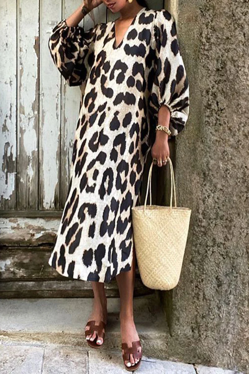Casual Leopard Patchwork V Neck Straight Dresses - Panekey