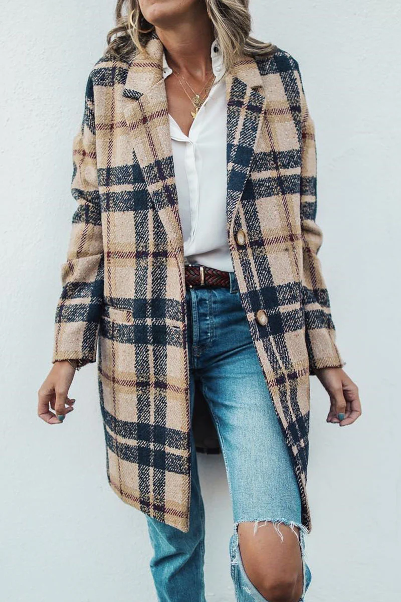Casual Plaid Print Without Belt Turn-back Collar Outerwear - Panekey