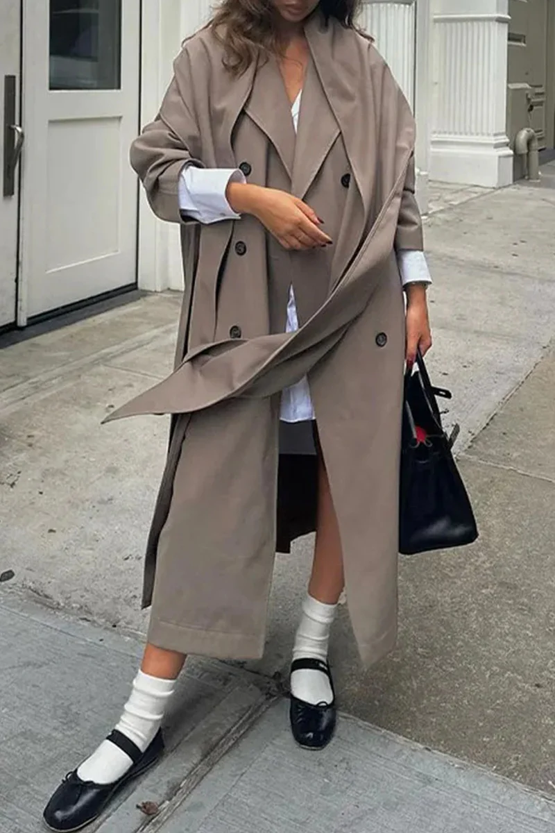 British Style Elegant Solid Pocket Buckle Scarf Collar Outerwear - Panekey