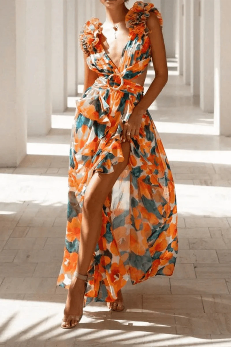 Casual Floral Hollowed Out Fold Stringy Selvedge V Neck Waist Skirt Dresses(3 Colors) - Panekey