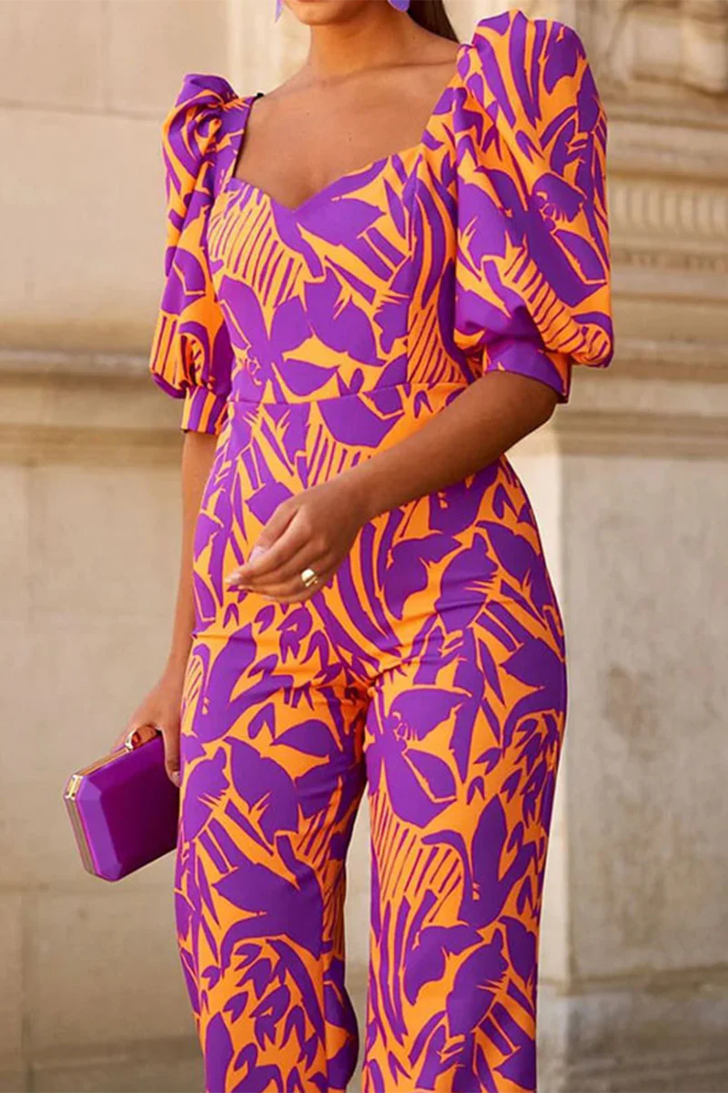 Casual Geometric Print Patchwork V Neck Regular Jumpsuits - Panekey