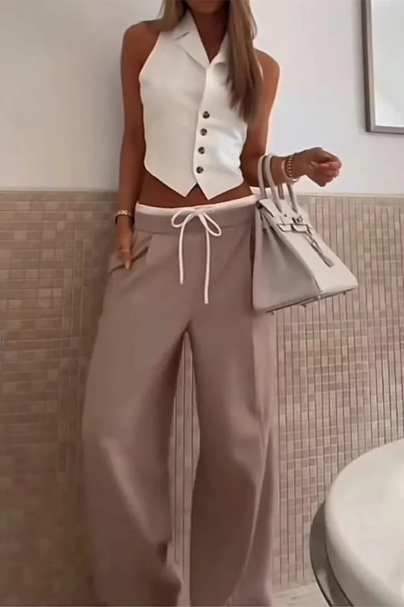 Casual Lace Up Buttons Turndown Collar Sleeveless Two Pieces - Panekey