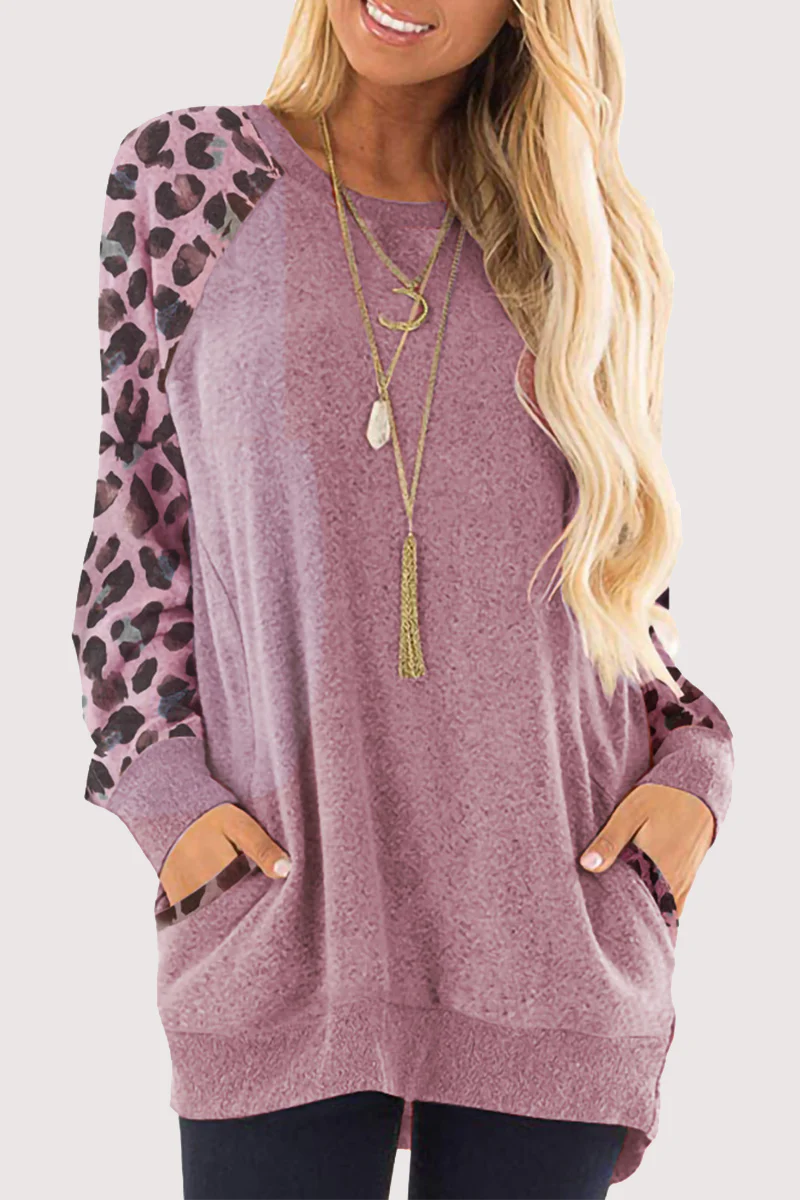 Casual Leopard Split Joint Pocket O Neck Tops - Panekey