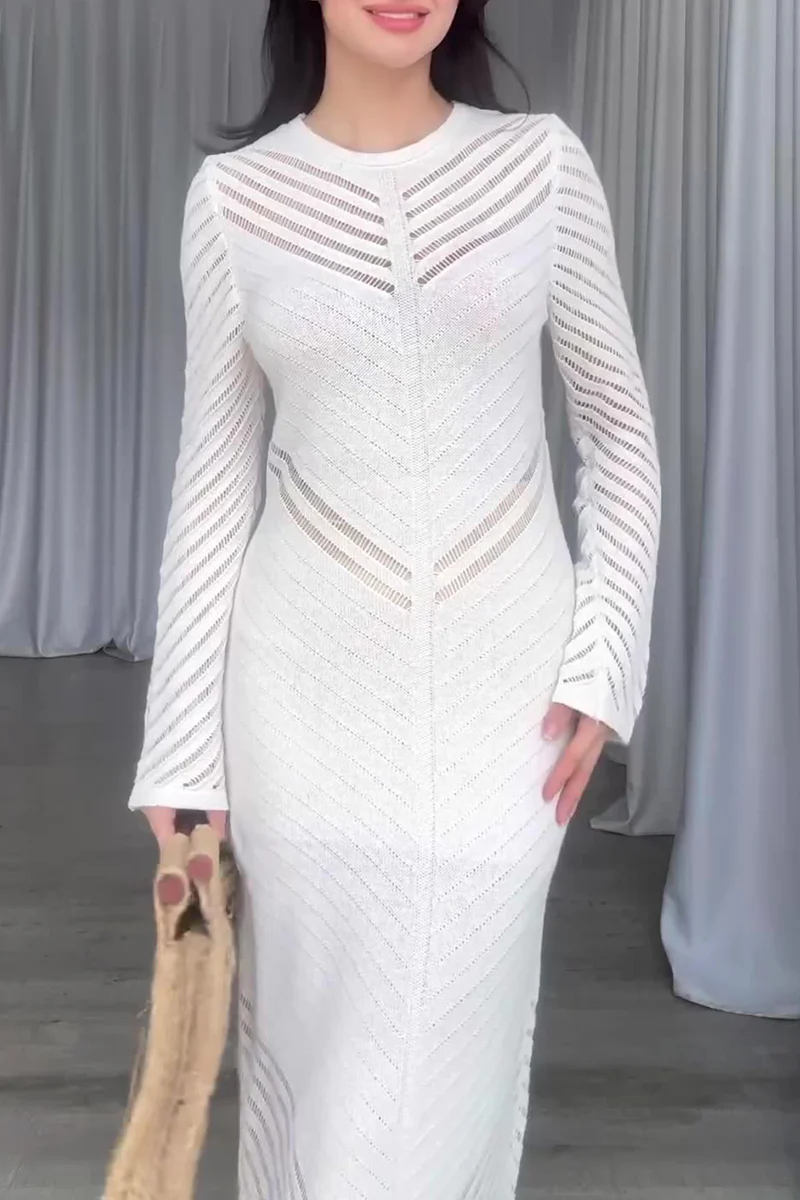 Casual Daily Solid Color Hollow Out Stringy Selvedge O Neck Wrapped Skirt Dresses - Panekey