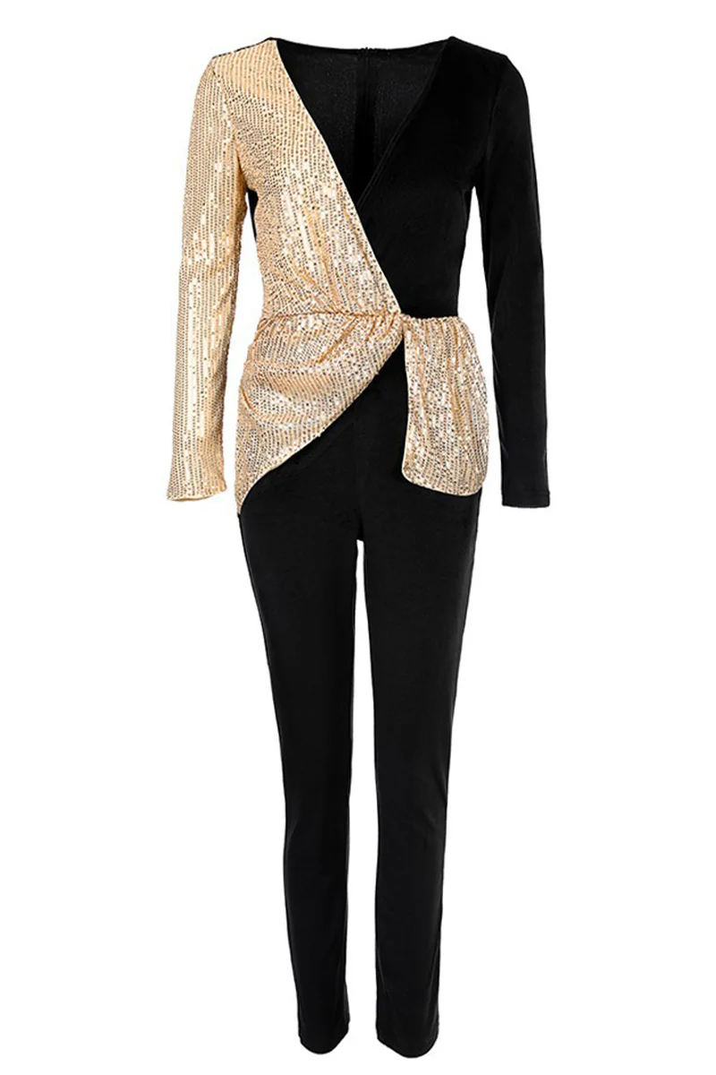 Casual Color Block Sequins V Neck Regular Jumpsuits - Panekey