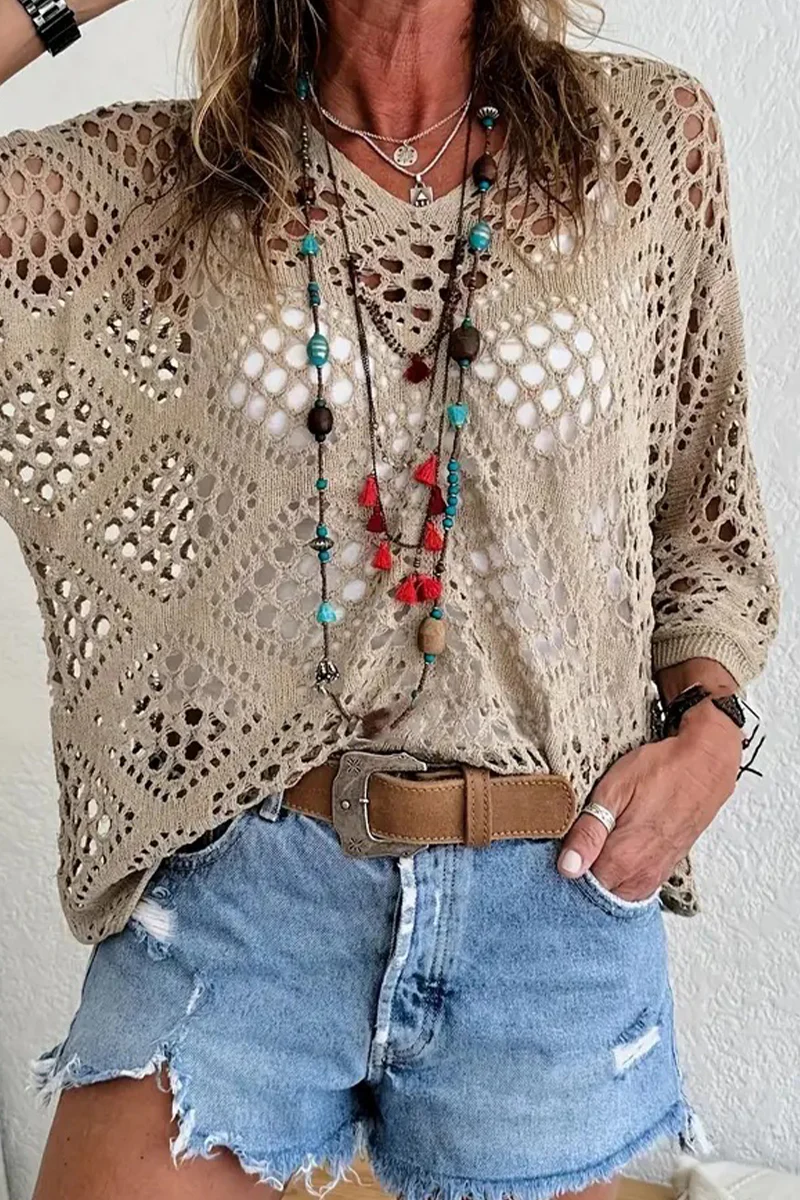 Casual Daily Solid Color Hollow Out V Neck Sweaters(5 Colors) - Panekey