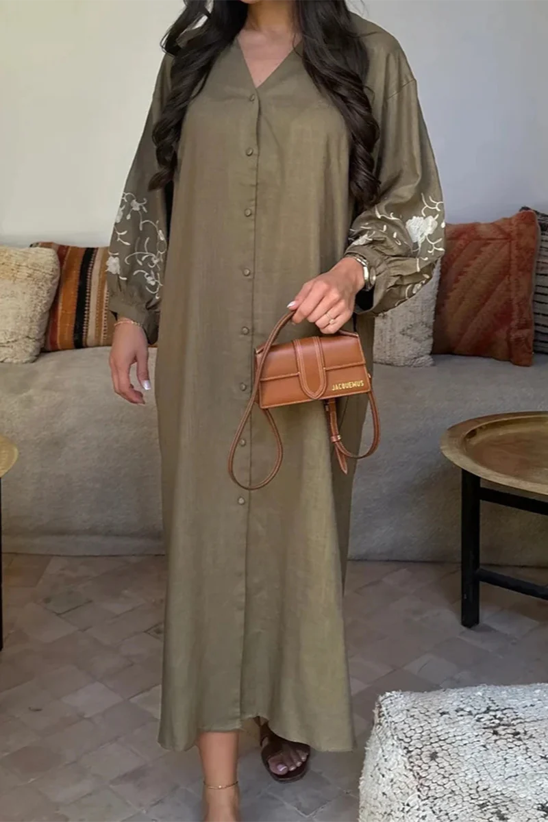 Casual Flowers Buckle Patchwork V Neck A Line Dresses - Panekey