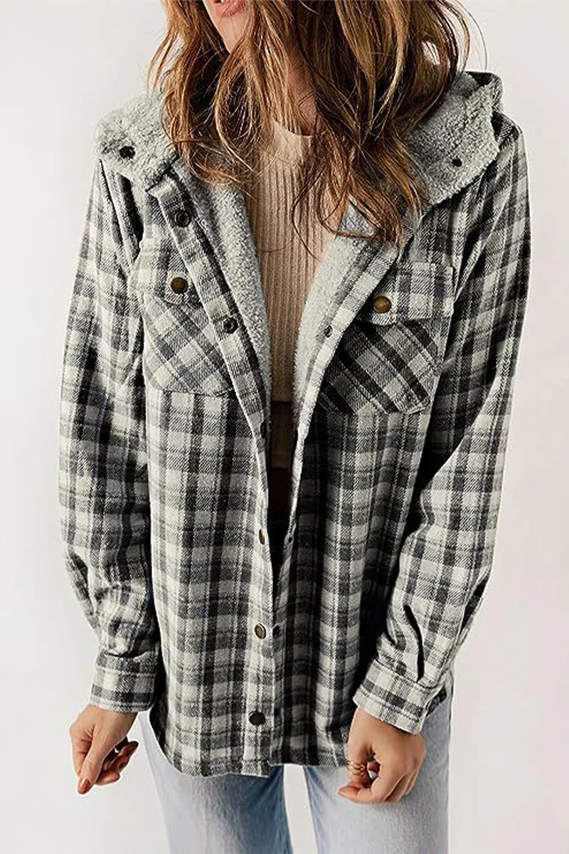 Casual Plaid Pocket Fluffy Contrast Hooded Outerwear(7 Colors) - Panekey