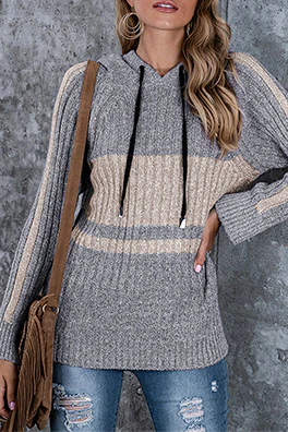 Casual Patchwork Draw String  Contrast Hooded Collar Tops - Panekey