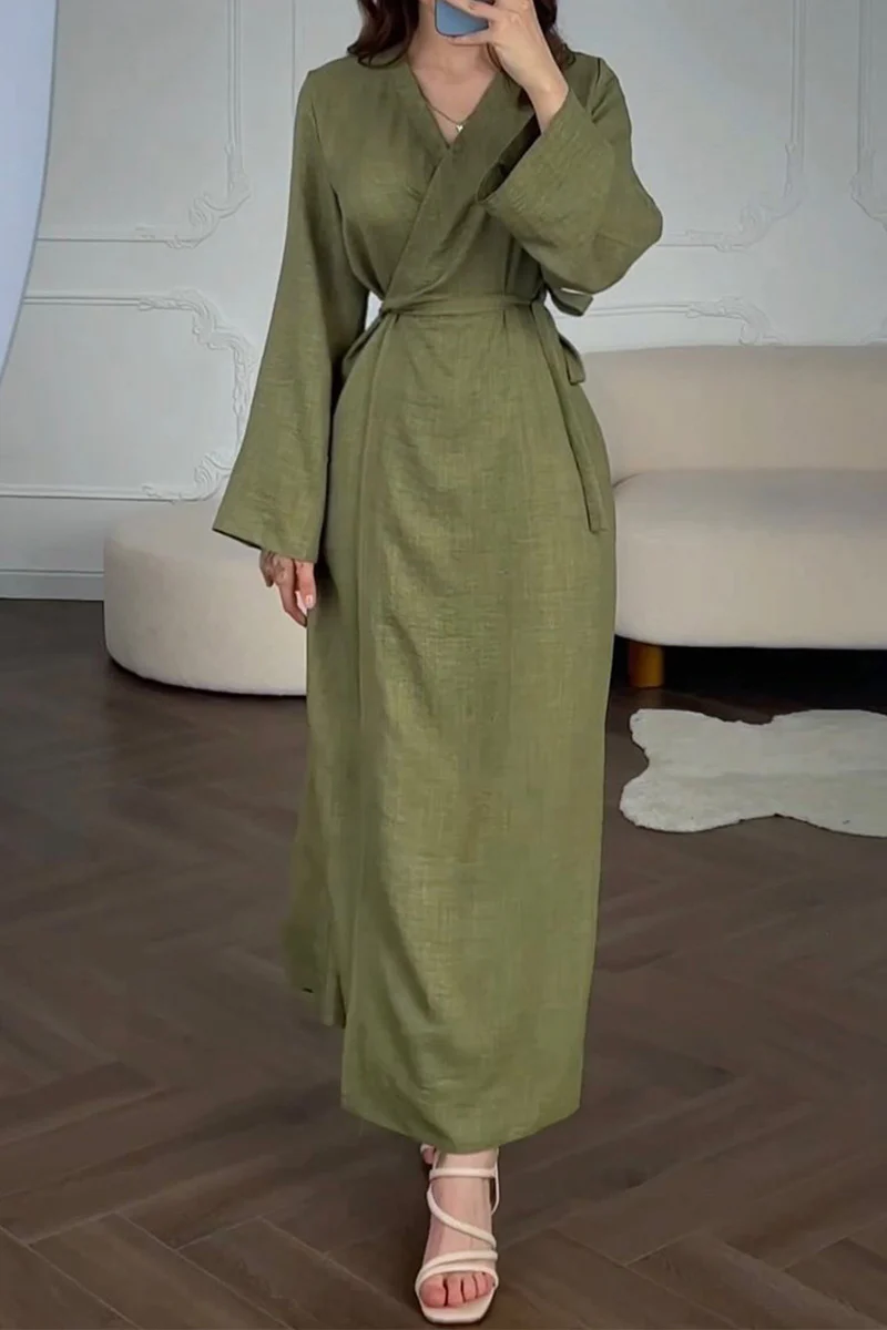 Casual Daily Solid Color Lace Up V Neck A Line Dresses - Panekey