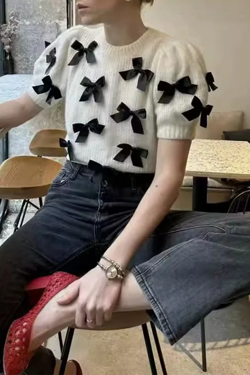 Casual Bow Patchwork Contrast O Neck Sweaters - Panekey