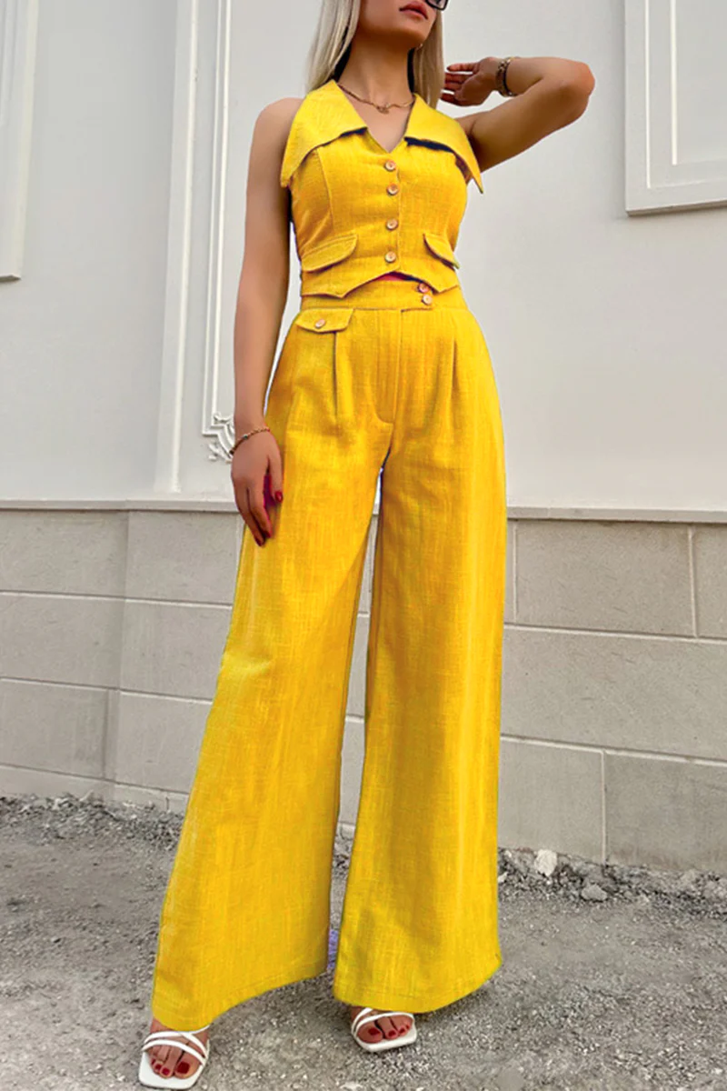 British Style Elegant Solid Pocket Buttons Turndown Collar Sleeveless Two Pieces - Panekey