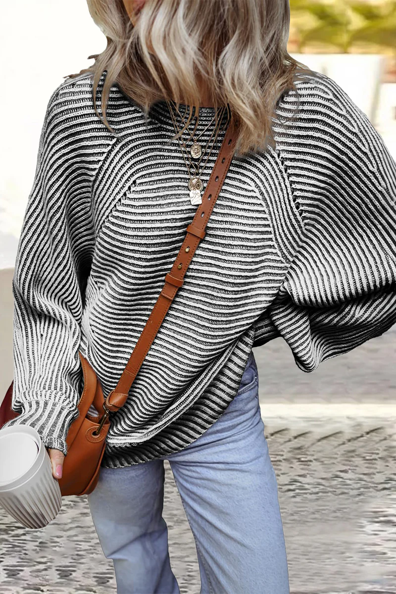 Casual Daily Stripe Texture Contrast O Neck Sweaters(6 Colors) - Panekey