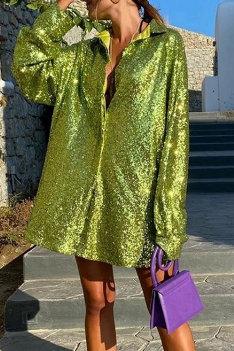 Casual Patchwork Sequins Shirt Collar Tops - Panekey