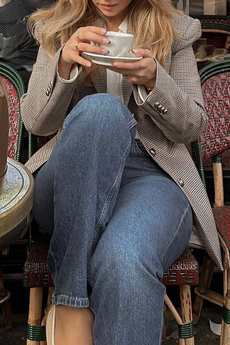 Casual Plaid Buttons Patchwork Contrast Turn-back Collar Outerwear - Panekey