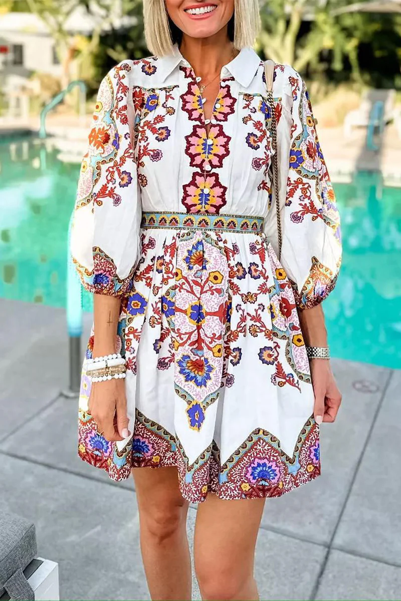 Casual Daily Floral Print Pocket Buttons Turndown Collar A Line Dresses - Panekey