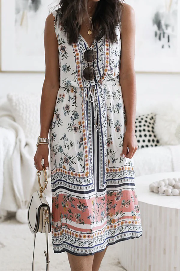 Casual Floral Patchwork Frenulum V Neck A Line Dresses - Panekey