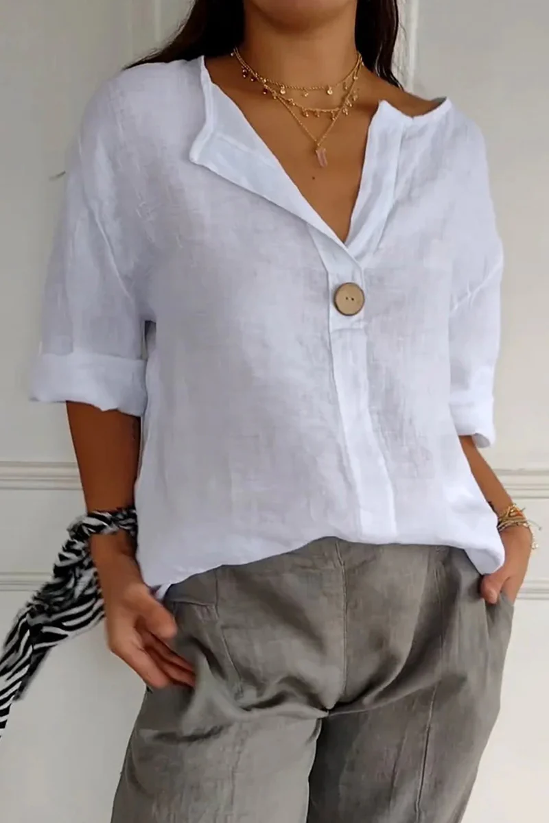 Casual Daily Solid Color Buttons V Neck T-Shirts - Panekey