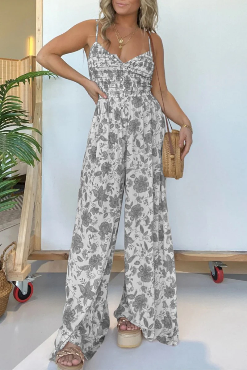 Casual Floral Print Backless Spaghetti Strap Regular Jumpsuits(6 Colors) - Panekey