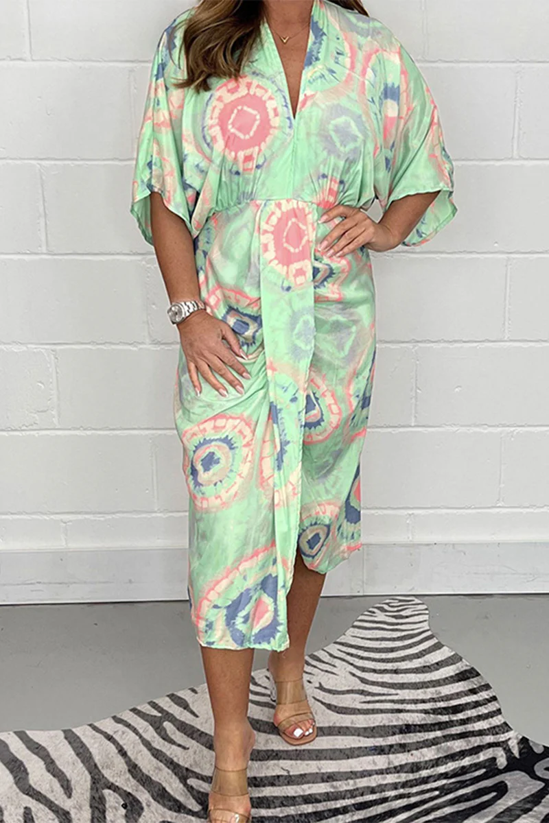 Casual Geometric Print Fold V Neck Printed Dress Dresses - Panekey