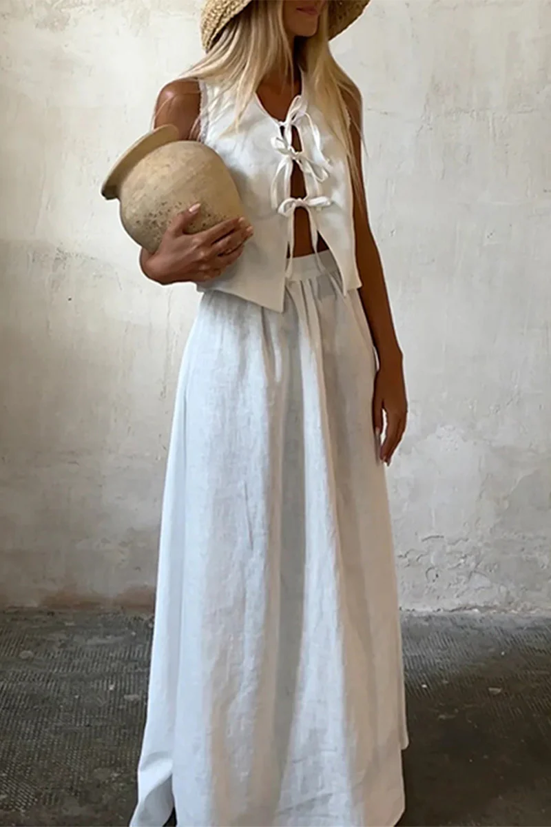 Casual Daily Solid Color Lace Up O Neck Sleeveless Two Pieces - Panekey