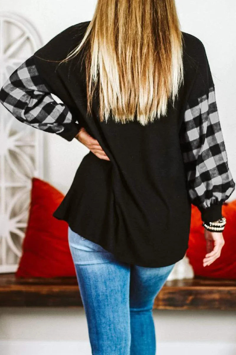 Casual Plaid Split Joint O Neck Tops - Panekey