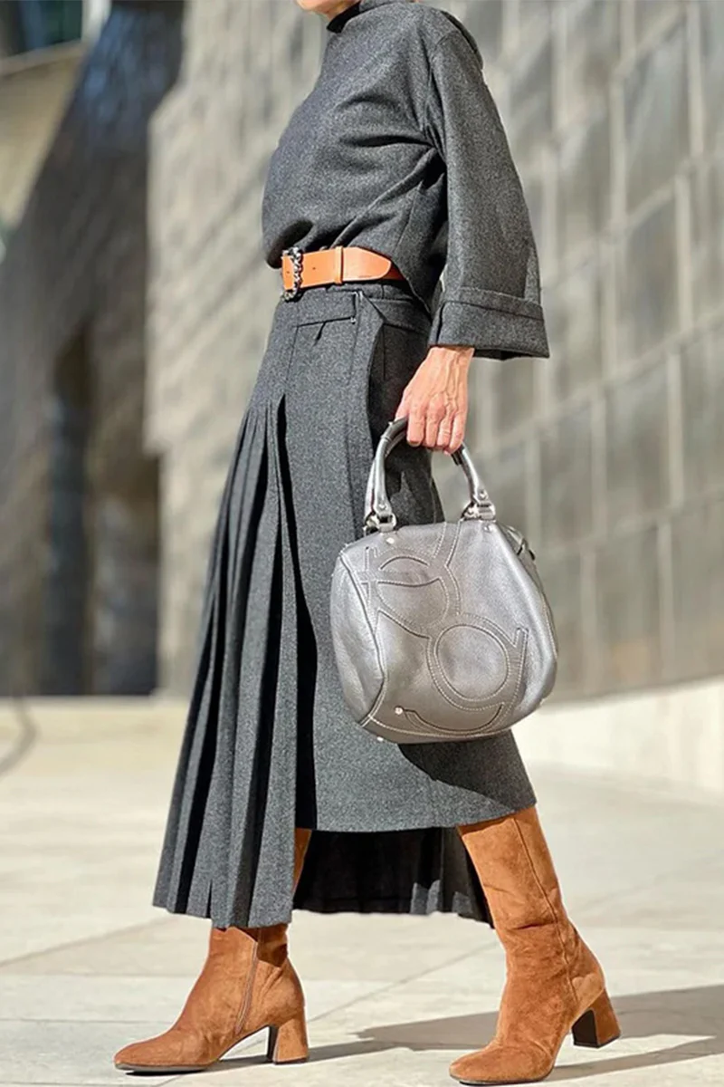 Casual British Style Leopard Fold Without Belt O Neck Waist Skirt Dresses(No Belt) - Panekey