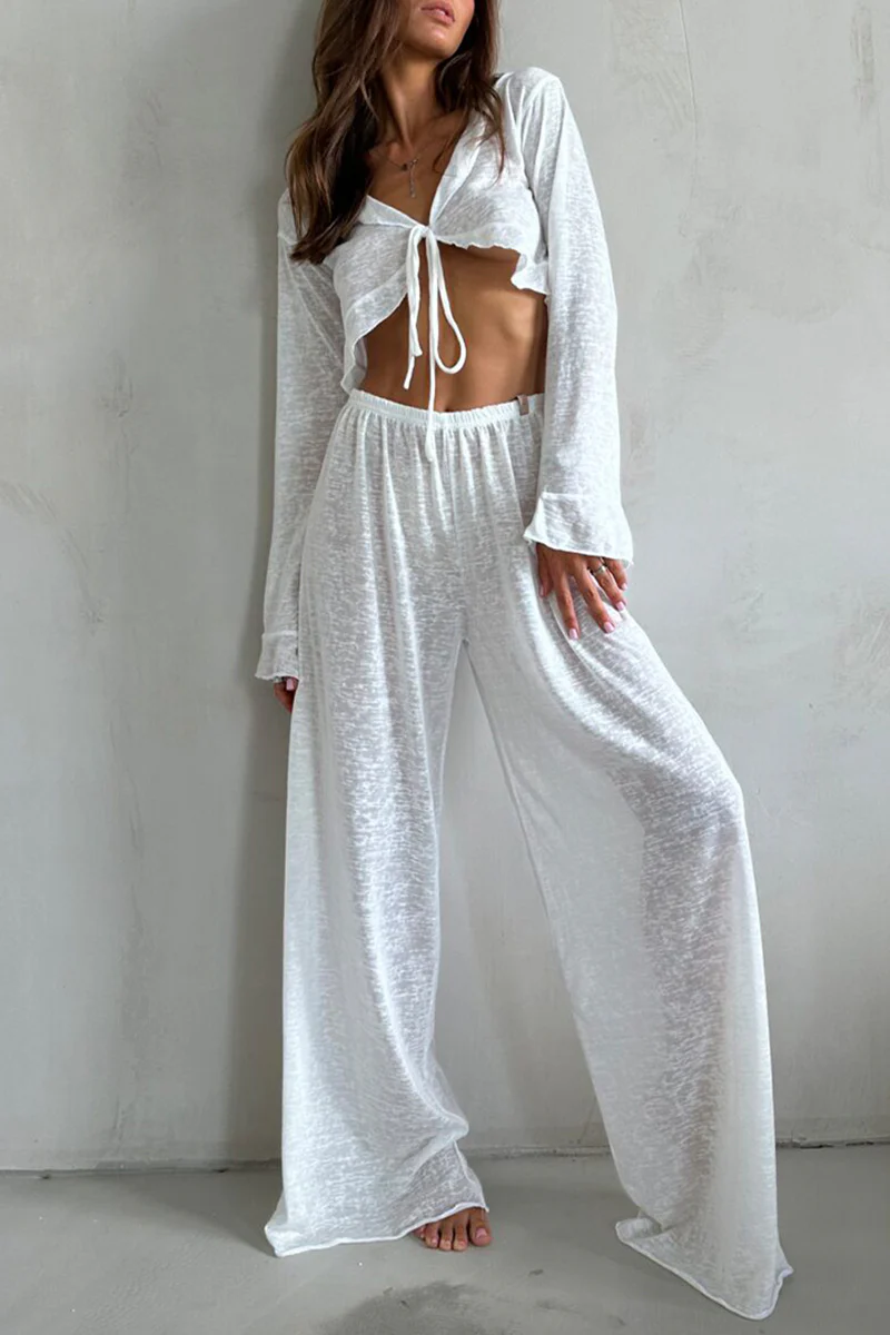 Casual Lace Up Ruffle V Neck Long Sleeve Two Pieces - Panekey