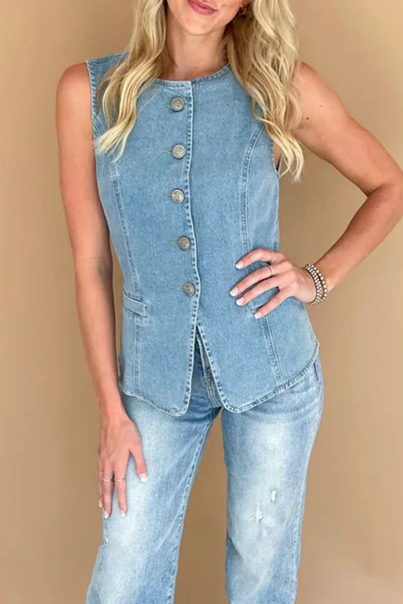 Casual Daily Buttons O Neck Sleeveless Regular Denim Jacket - Panekey