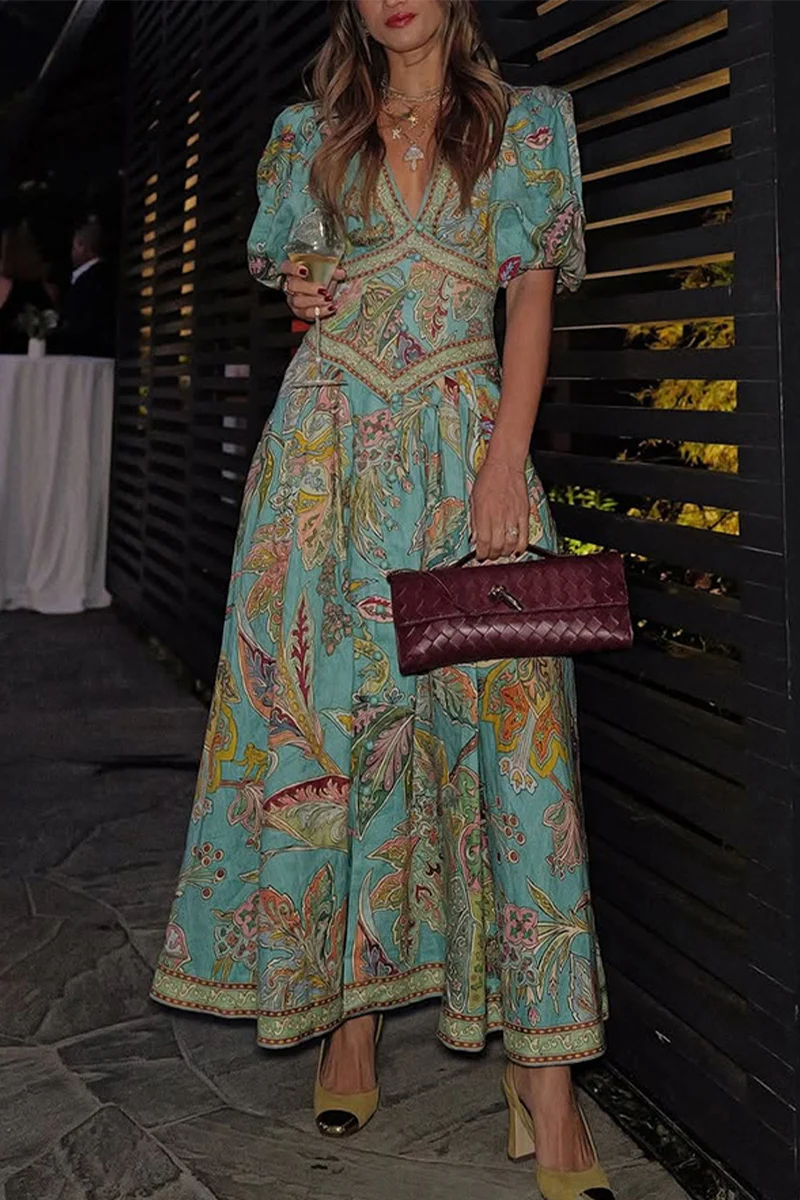 Casual Floral Print Pocket V Neck A Line Dresses - Panekey