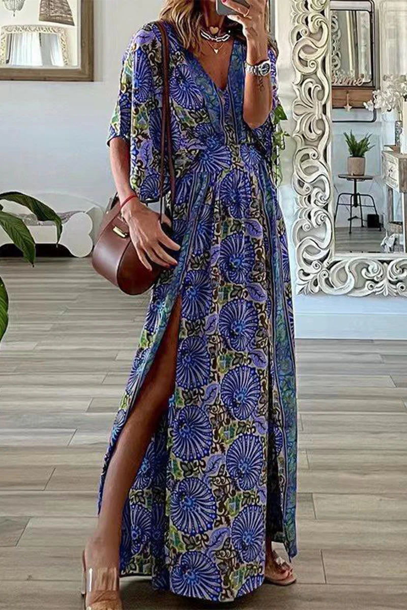 Bohemian Vintage Print Slit V Neck A Line Dresses - Panekey