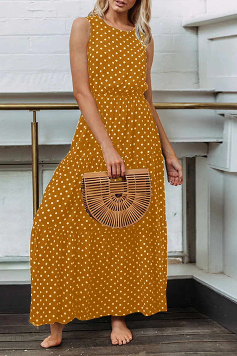 Casual Dot Patchwork O Neck Waist Skirt Dresses(4 Colors) - Panekey