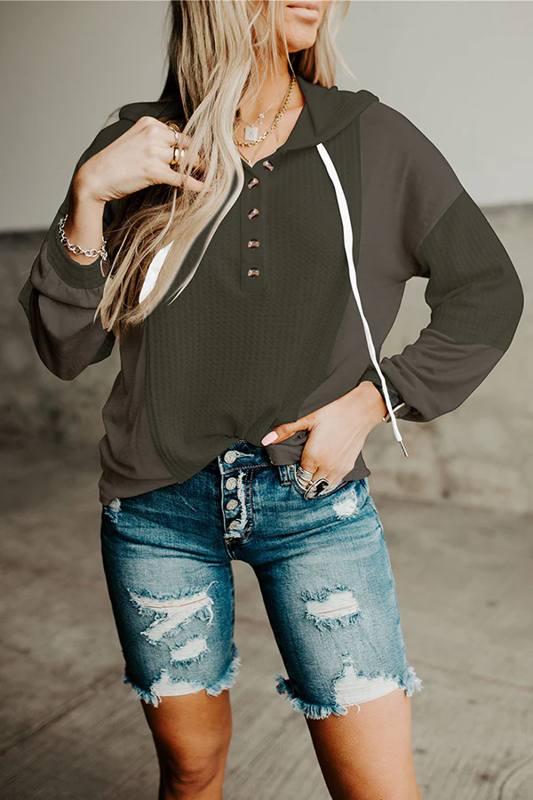 Casual Patchwork Buckle Contrast Hooded Collar Hoodies(3 Colors) - Panekey