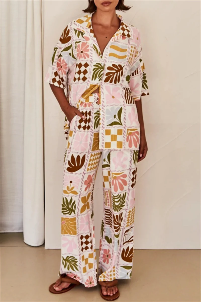 Casual Floral Print Basic Turndown Collar Short Sleeve Two Pieces - Panekey