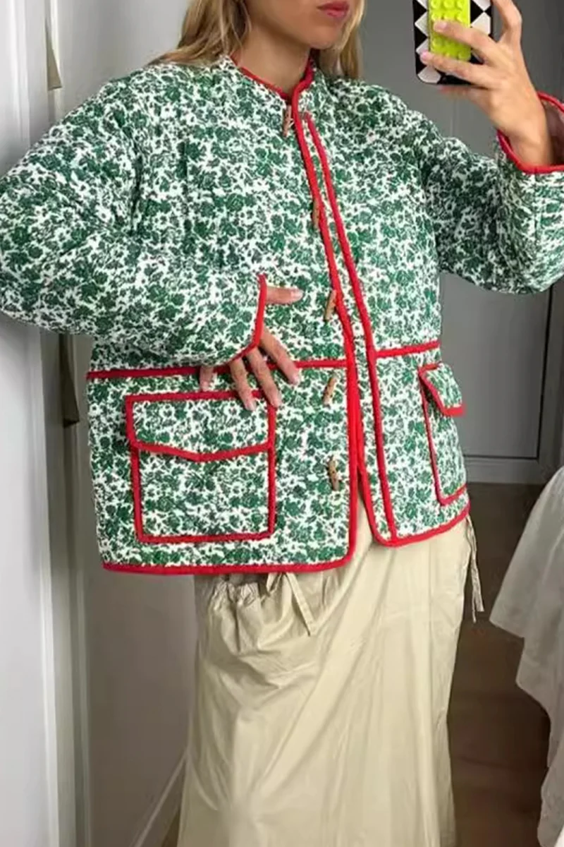 Casual Flowers Print Pocket Patchwork Contrast O Neck Outerwear - Panekey