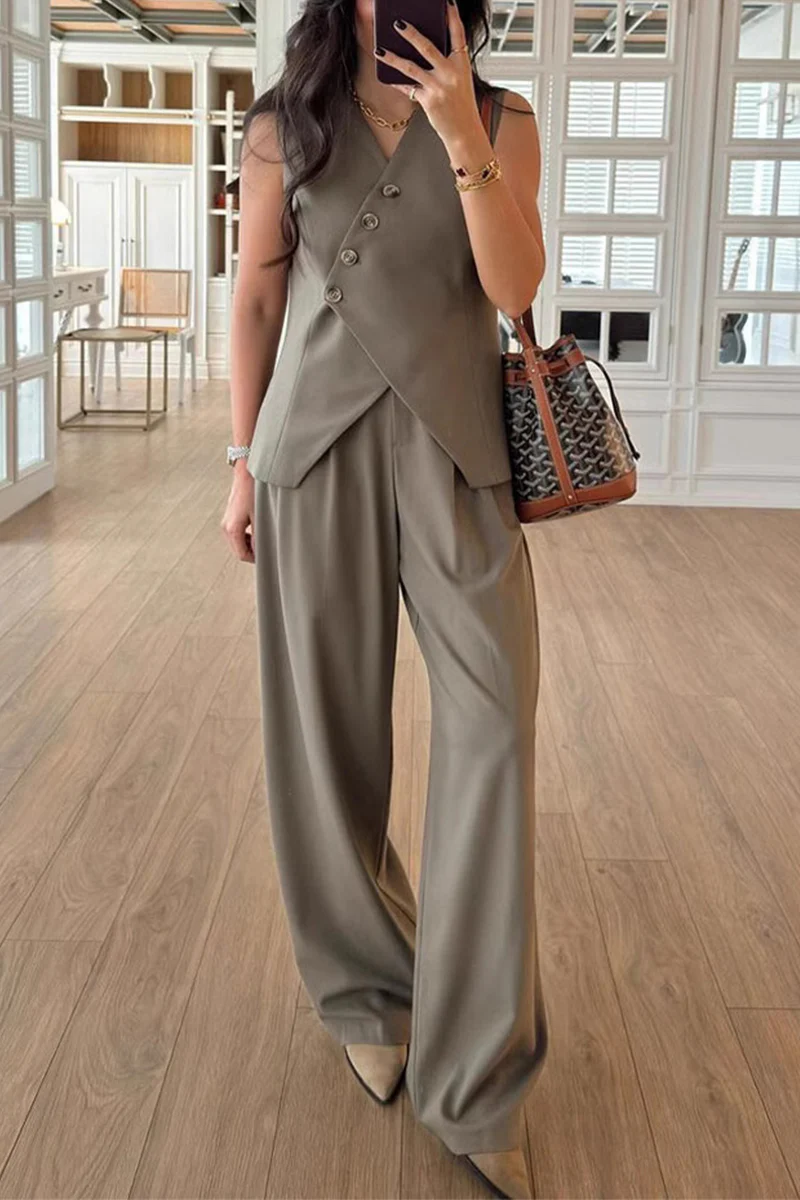 Casual Buttons V Neck Sleeveless Two Pieces - Panekey