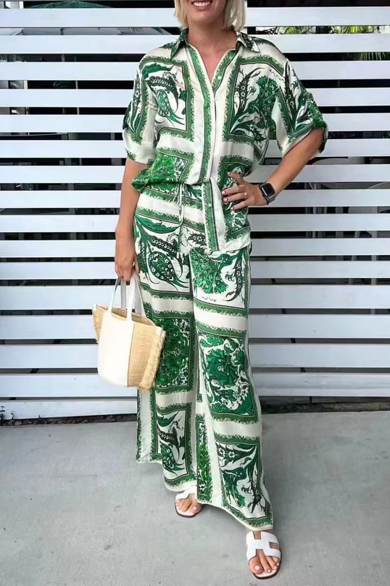 Casual Living Print Patchwork Turndown Collar Short Sleeve Two Pieces - Panekey