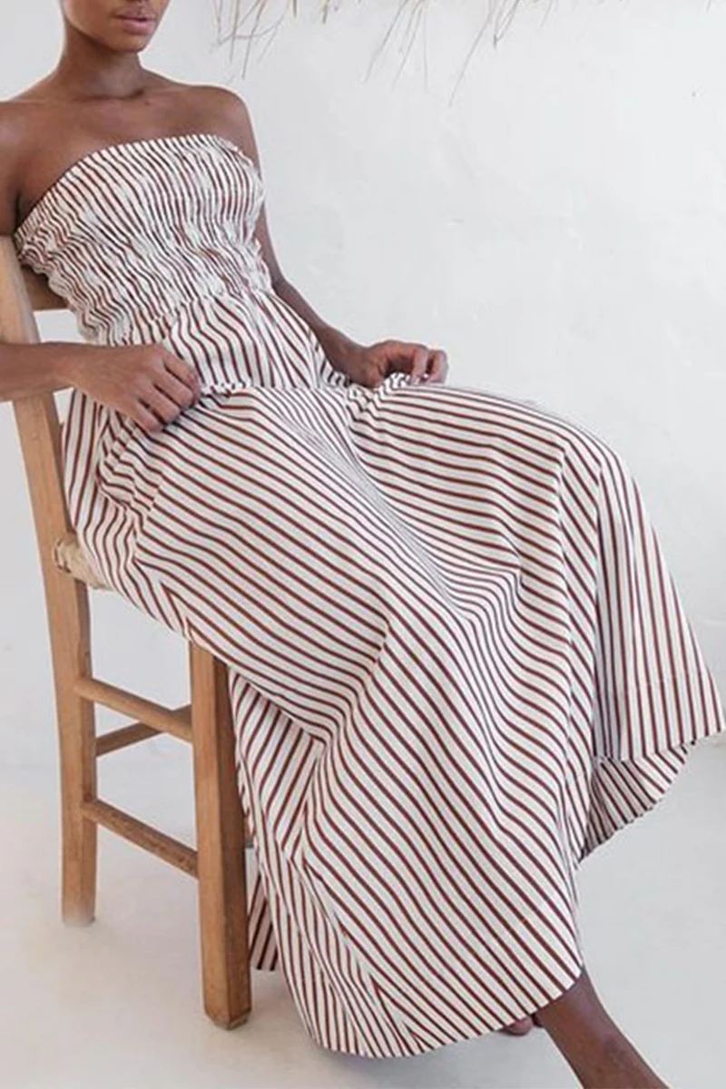 Casual Daily Striped Print Contrast Strapless Printed Dresses - Panekey