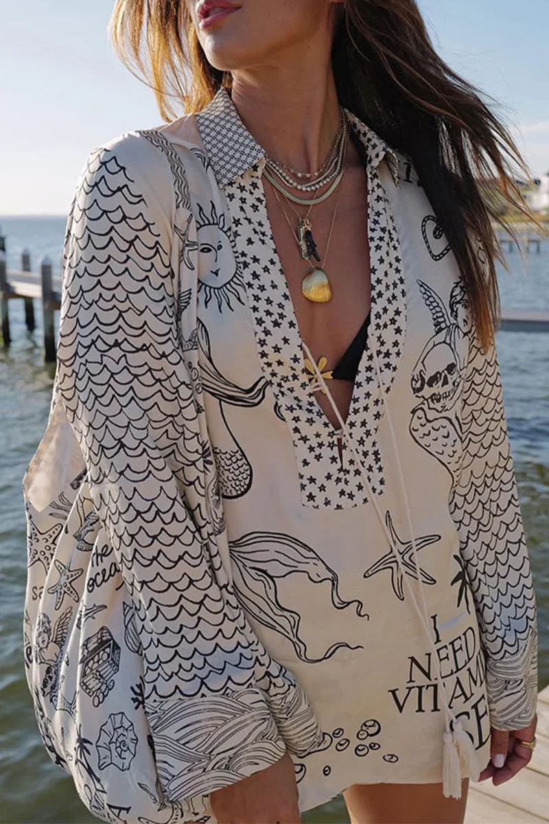 Casual Graffiti Print Tassel Contrast V Neck Long Sleeve Two Pieces - Panekey