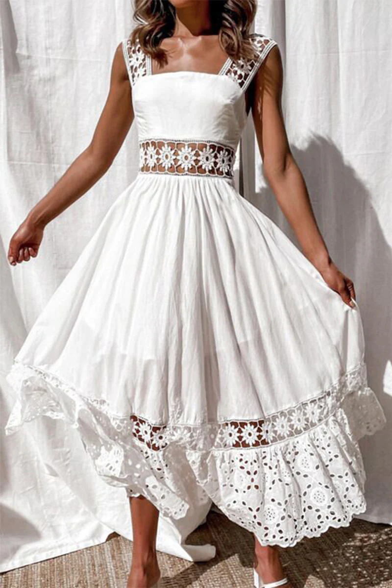 Casual Daily Lace Patchwork Square Neck Sling Dresses - Panekey