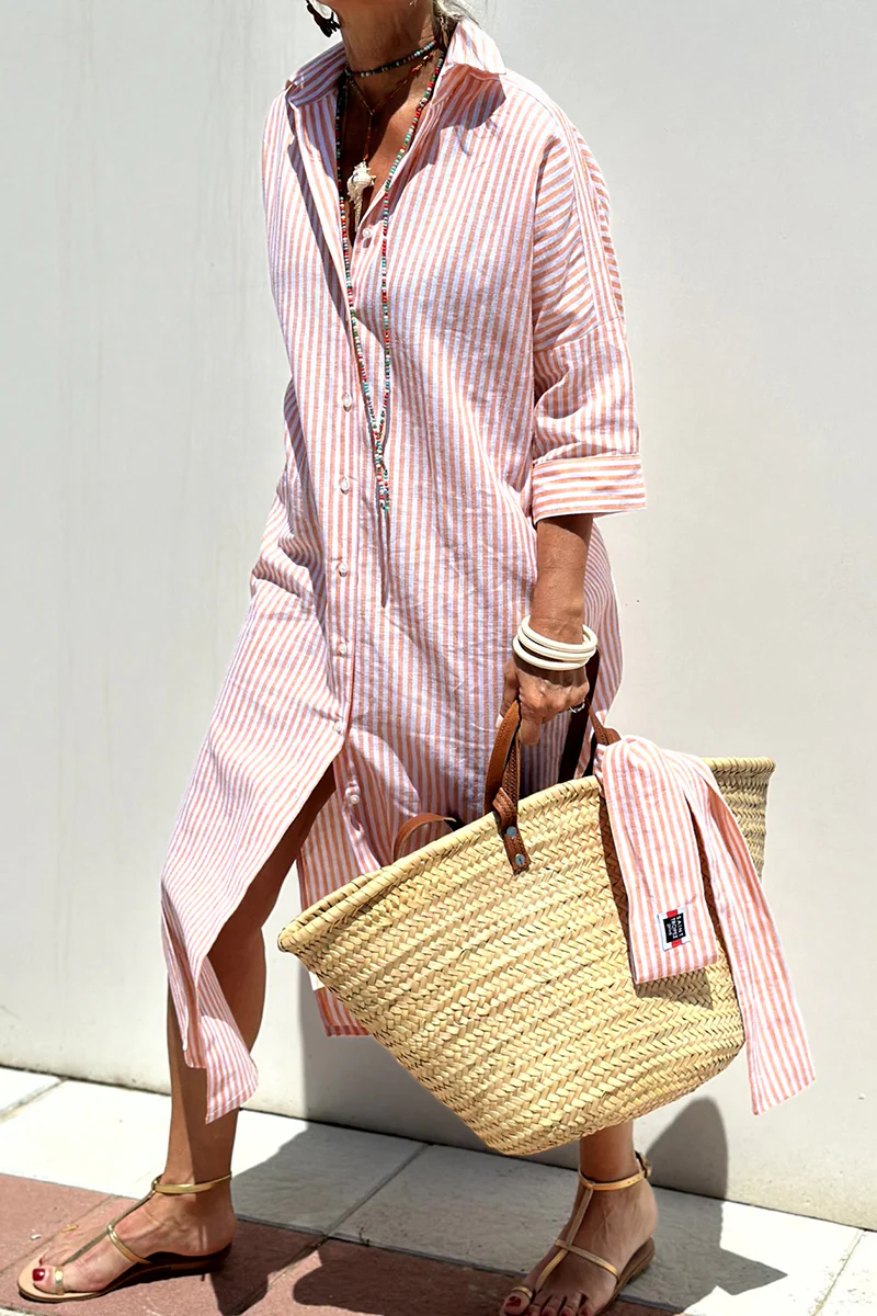 Casual Plaid Striped Print Buttons With Belt Turndown Collar Shirt Dresses(5 Colors) - Panekey