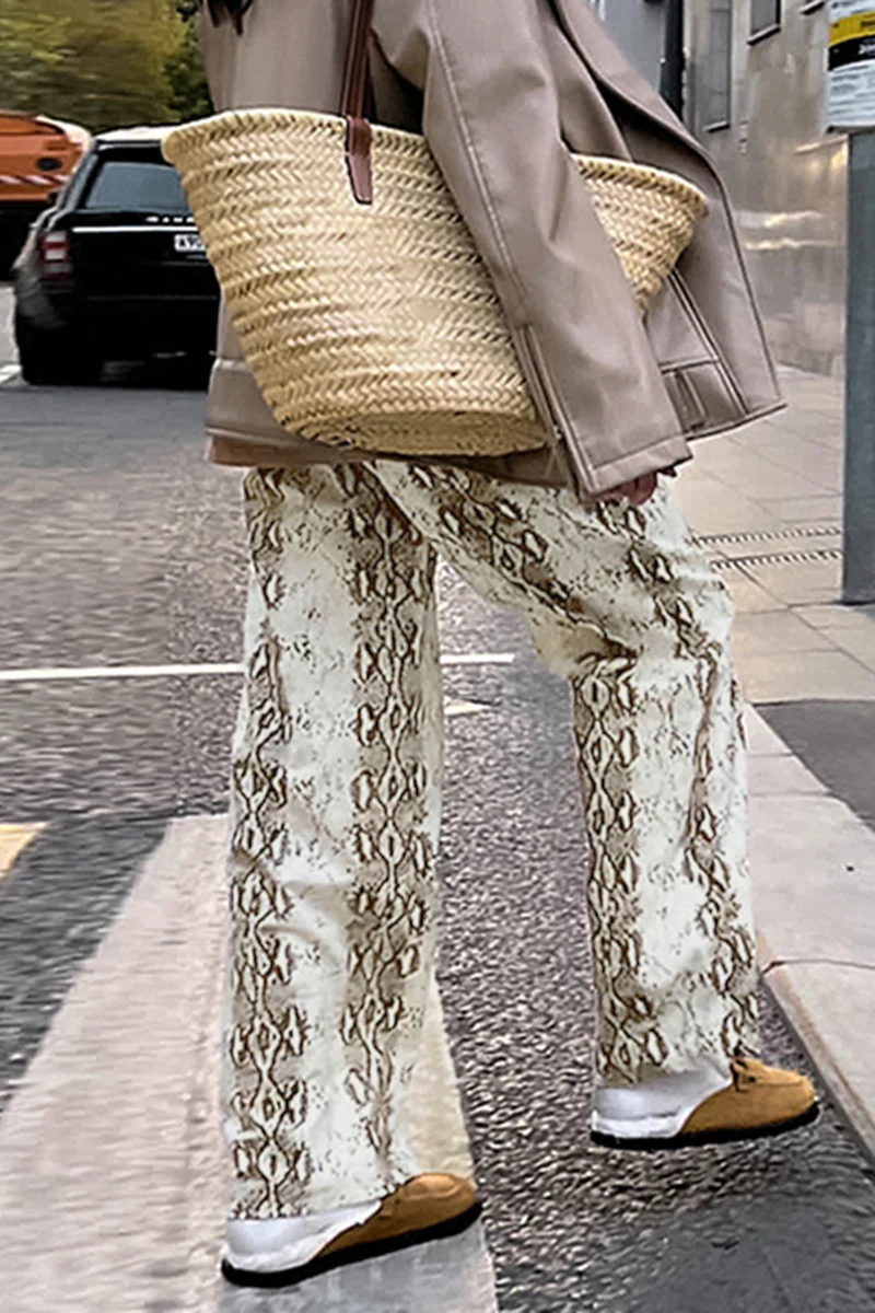 Casual Animal Print Print Contrast Loose High Waist Straight Full Print Bottoms - Panekey